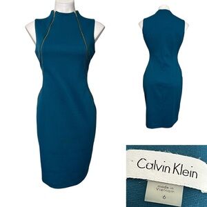 Calvin Klein Dress Sz 6 teal blue sleeveless zipper pencil knee length